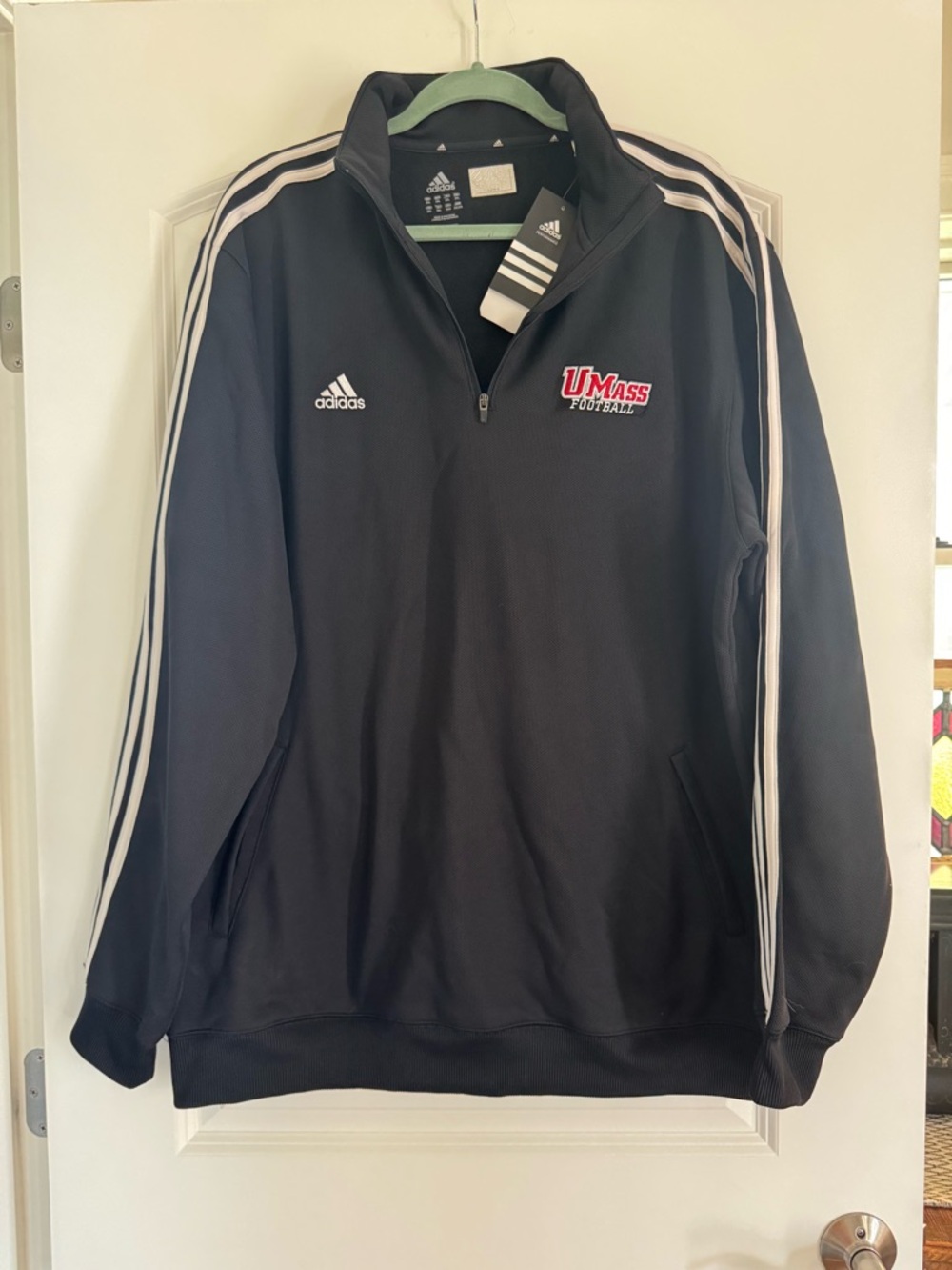 UMass Football Adidas Black 1/4 Zip Pullover with White Stripes